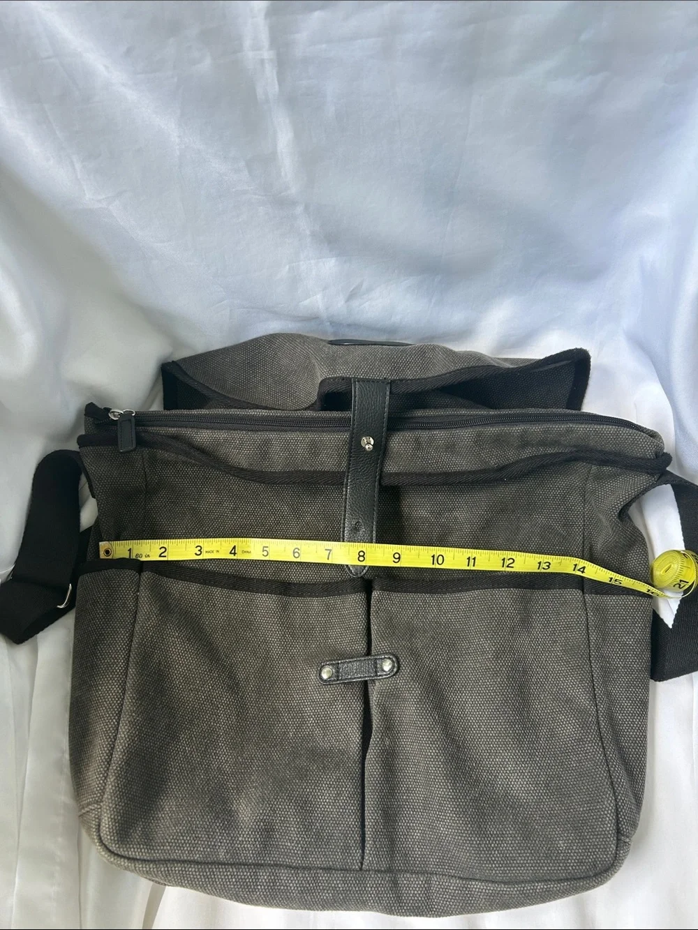 Levenger Gray Canvas Messenger Bag with Dark Trim and Leather Accents